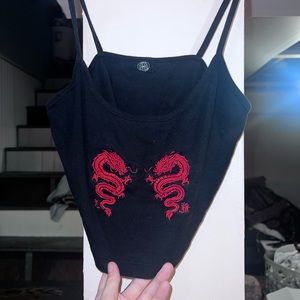 Cropped black tank top with two red dragons on both bussoms